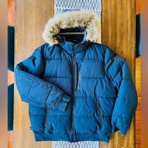 Nautica - Mens XL Navy Puffer Jacket with Detachable Faux Fur Hood